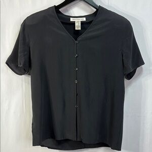 🦷 Jones New York Black Blouse Minimalist silk Short Sleeve w shoulder pads